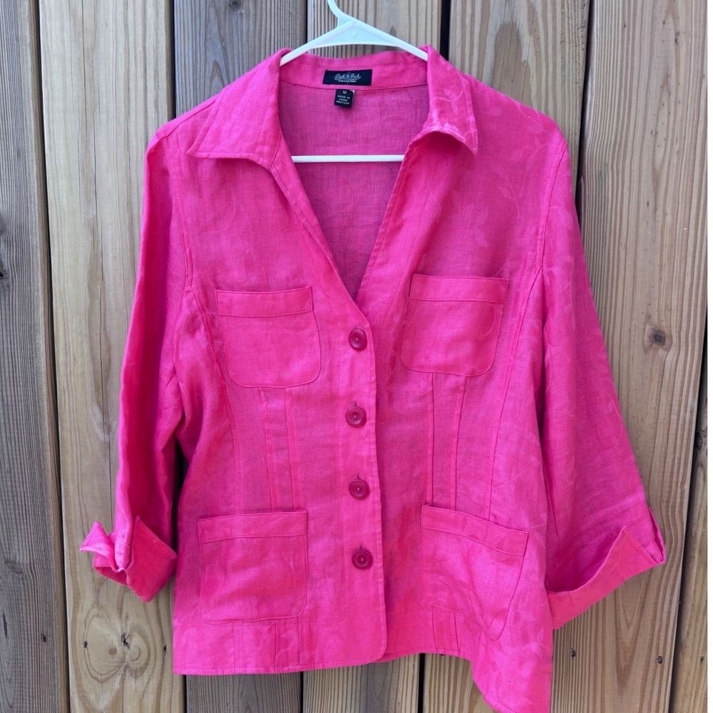 Peck & Peck Pink 100% Linen Floral Jacquard Blazer Jacket Womens 12 RN97939